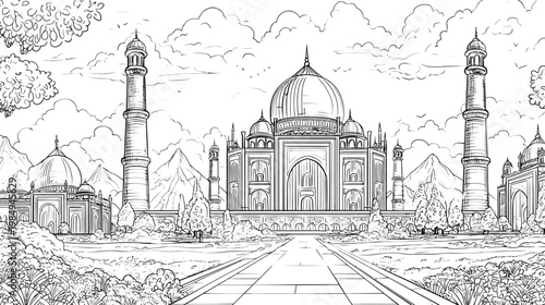 Ornate Historic Mausoleum Architecture Sketch, Grand Dome, Minarets, Formal Gardens, and Mountain Background