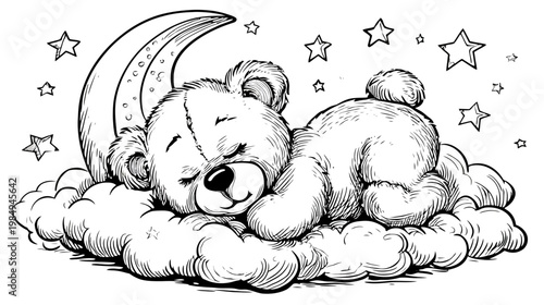 Peaceful sleeping teddy bear on cloud with crescent moon and stars, whimsical hand-drawn illustration for nursery decor.
