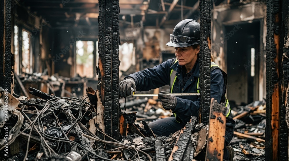 Fototapeta premium Close medium shot of a fire damage professional measuring structural damage in a charred homes living room isolating the intricate debris against an outoffocus backdrop.