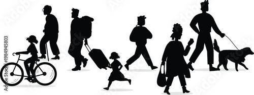 People Silhouettes Walking, Cycling, and Traveling Activities running girldog walk old men walk vector