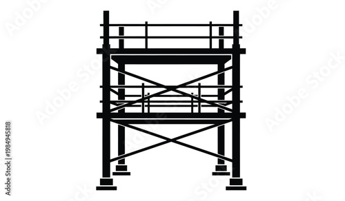 A stark black silhouette of a multi tiered scaffolding structure stands isolated on a white background emphasizing its geometric form silhouette high quality professional