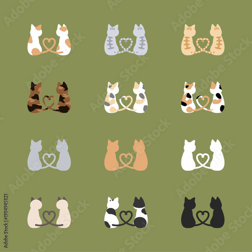 しっぽでハート型を作る2匹の猫のイラストアイコンセット集・三毛、ぶち、白、黒、トラ、キジトラ、サビ、シャム、茶、グレー