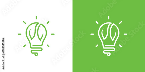 Ecofriendly light bulb logo design with leaf elements on white and green background.