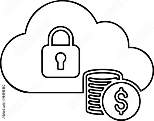 Cloud computing security icon with lock and coins for secure digital wallet branding