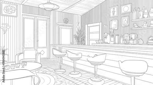 Minimalist modern bar cafe interior line art illustration, empty restaurant counter with stools, detailed monochrome drawing.