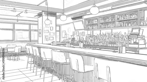 Detailed line art drawing of an empty contemporary bar interior with counter, stools, and shelves, architectural sketch