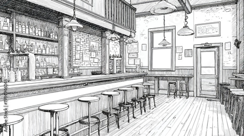 Empty Vintage Bar Interior Illustration. Detailed Hand-Drawn Old Saloon Scene with Rustic Counter, Stools, and Bottles in Black and White.