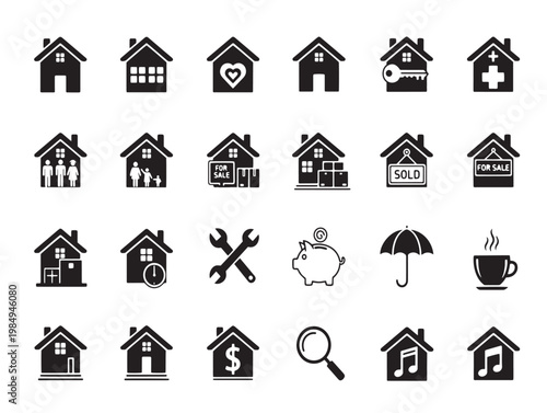 Collection of vintage-style house icons depicting various roof designs and home features Vector
