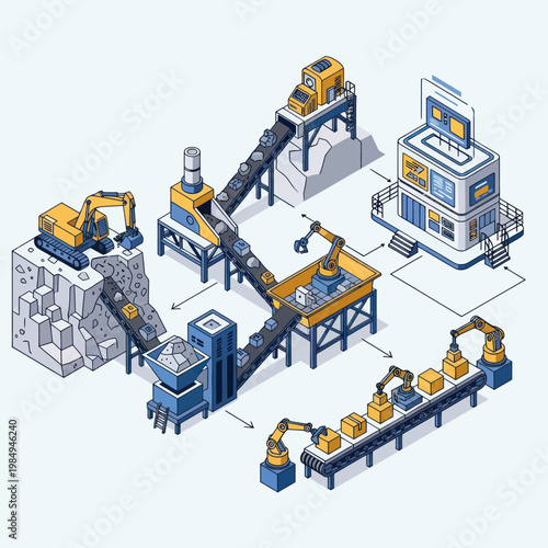Isometric View of Automated Industrial Production Line with Robots.