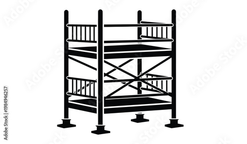 A stark black and white illustration depicts a two tiered metal scaffolding structure with cross bracing presented as a silhouette high quality professional detailed