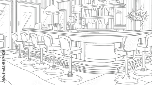 Detailed line art illustration of an empty retro diner or classic bar interior with stools and counter, vintage style vector drawing