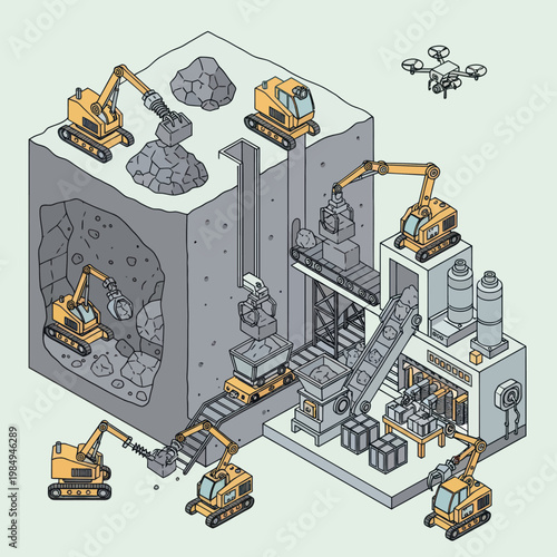 Isometric Mining Operation - Extracting Resources with Heavy Machinery and Drone Oversight.