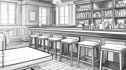 Monochrome Illustration of an Empty Bar with Stools, Counter, and Bottles, Hand-Drawn Sketch Style