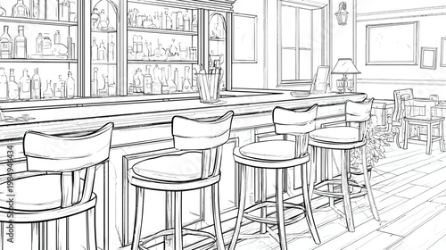 Detailed line art illustration of an empty classic bar interior with a long counter, bar stools, and shelves, ready for coloring.