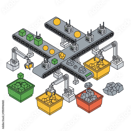 Isometric Conveyor Belt System Transforming Raw Materials into Finished Products.