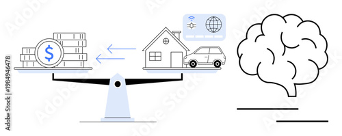 Financial planning, investment, decision-making, risk management, wealth distribution, personal finance. Scales balancing money and assets alongside a brain. Financial planning and investment concept