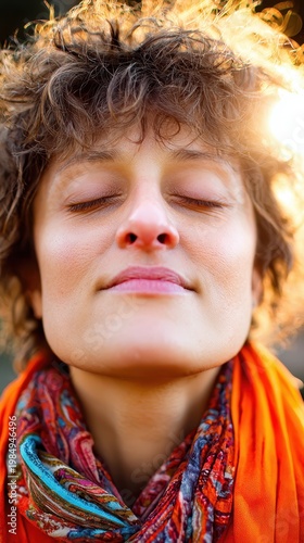 Woman with curly hair closes her eyes, bathed in warm, soft golden sunlight. She wears a vibrant orange and patterned scarf, experiencing a peaceful moment outdoors