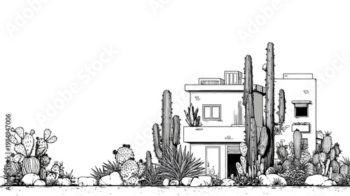 Monochrome illustration of a desert house with saguaro and prickly pear cacti, xeriscape garden in an arid Southwestern landscape