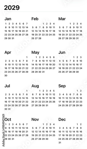2029 Calendar: A simple calendar layout, representing the entire year with a clear display of months and dates, perfect for planning and scheduling.