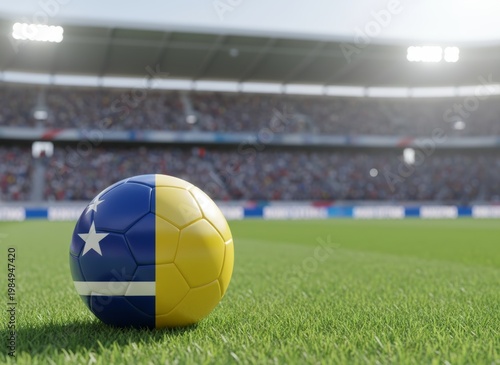 Soccer ball in flag colors on a bright blurred stadium background. Curacao