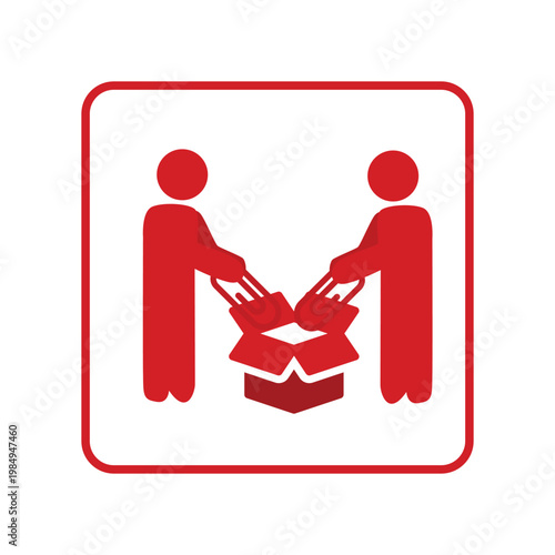 Two people are handing over a cardboard box in a formal setting.