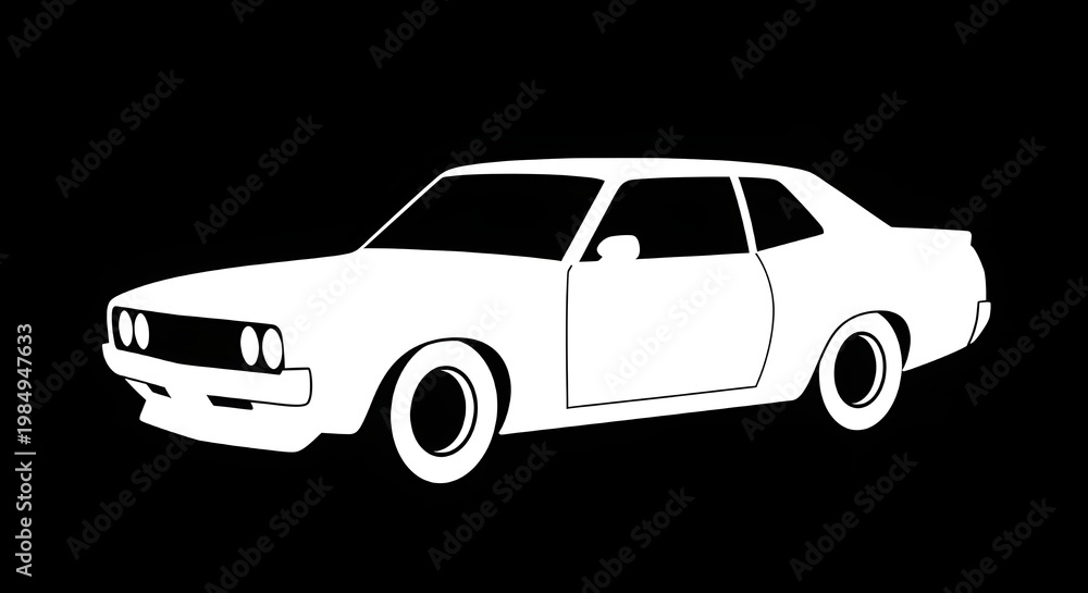 Obraz premium Vintage white muscle car side view illustration on black background for automotive design