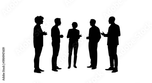 Group of five people engaged in a discussion using handheld devices. isolated on transparent background, Vector