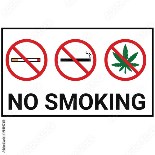 A sign displays no smoking, cigarette, cigar, and marijuana symbols with text.