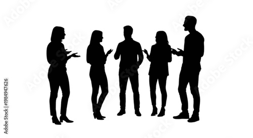 Group of four people engaged in conversation using smartphones isolated on transparent background, Vector
