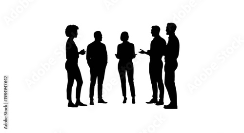 Group of five people engaged in a discussion with smartphones in hand isolated on transparent background, Vector
