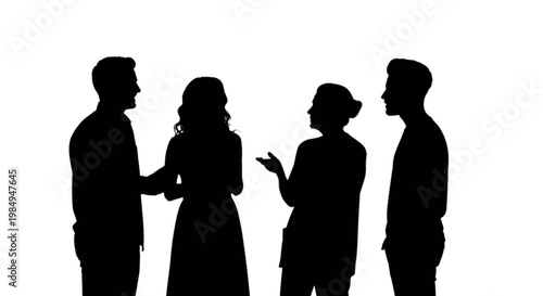 Four silhouettes engaged in a group conversation during an event isolated on transparent background, Vector