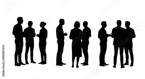 Group of silhouetted people engaged in conversation with mobile devices isolated on transparent background, Vector