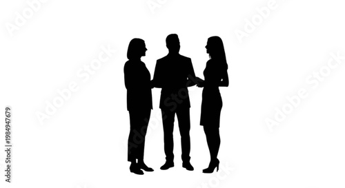 Three professionals engaged in a collaborative business discussion isolated on transparent background, Vector