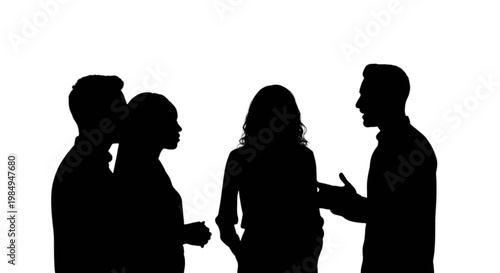 Group of silhouetted people engaging in a conversation together isolated on transparent background, Vector