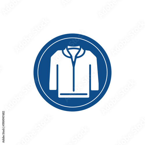The illustration depicts a blue and white jacket icon on a circle background
