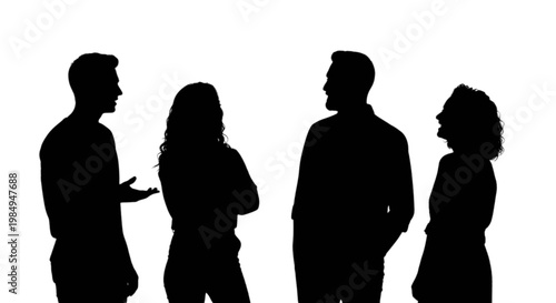Four silhouettes engaged in a group conversation during an event isolated on transparent background, Vector