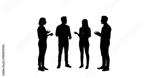 Four silhouetted people engaged in a conversation standing outdoors. isolated on transparent background, Vector