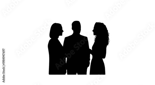 Three silhouettes standing closely together in conversation isolated on transparent background, Vector