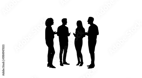 Four silhouetted individuals engaged in a group discussion or meeting isolated on transparent background, Vector