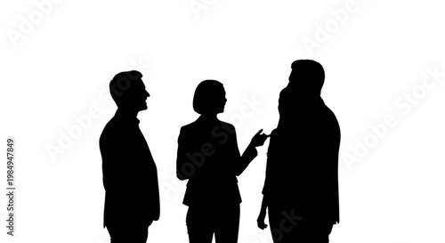 Three silhouettes engaged in a professional conversation with one gesturing isolated on transparent background, Vector
