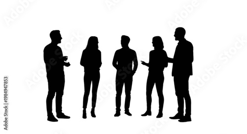 Five silhouetted figures engaged in a casual group conversation outdoors. isolated on transparent background, Vector