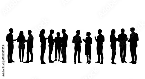 Group of silhouetted people standing closely together in a line isolated on transparent background, Vector