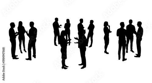 Group of diverse silhouettes engaging in a professional business networking event isolated on transparent background, Vector