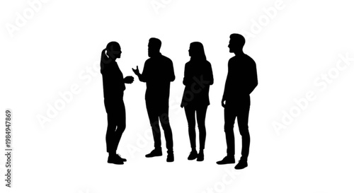 Group of four people engaged in conversation standing outdoors isolated on transparent background, Vector