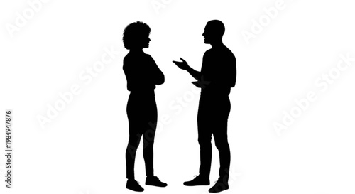 Two silhouettes engaged in a conversation while holding papers isolated on transparent background, Vector