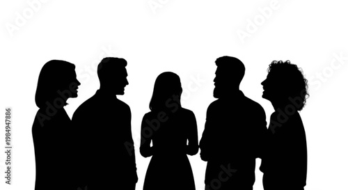 Group of five silhouetted people engaged in a conversation isolated on transparent background, Vector