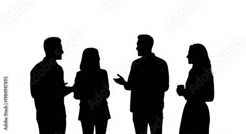 Four silhouetted individuals engaged in a conversation together isolated on transparent background, Vector