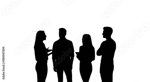 Four people engaged in a collaborative discussion with documents isolated on transparent background, Vector