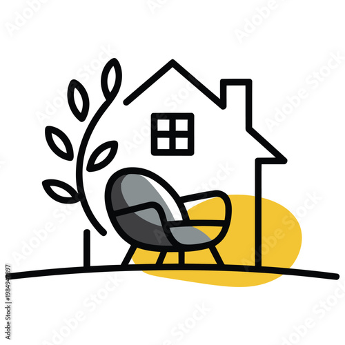 A cozy chair relaxing under the shelter of a quaint house with greenery nearby