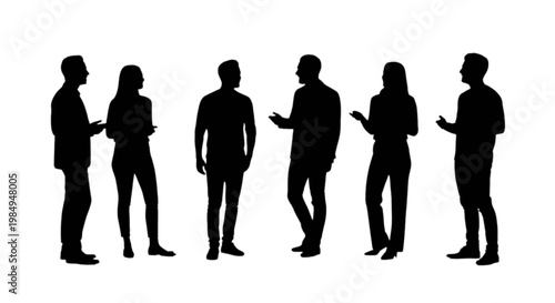 Group of six silhouetted people engaged in conversation on a street isolated on transparent background, Vector